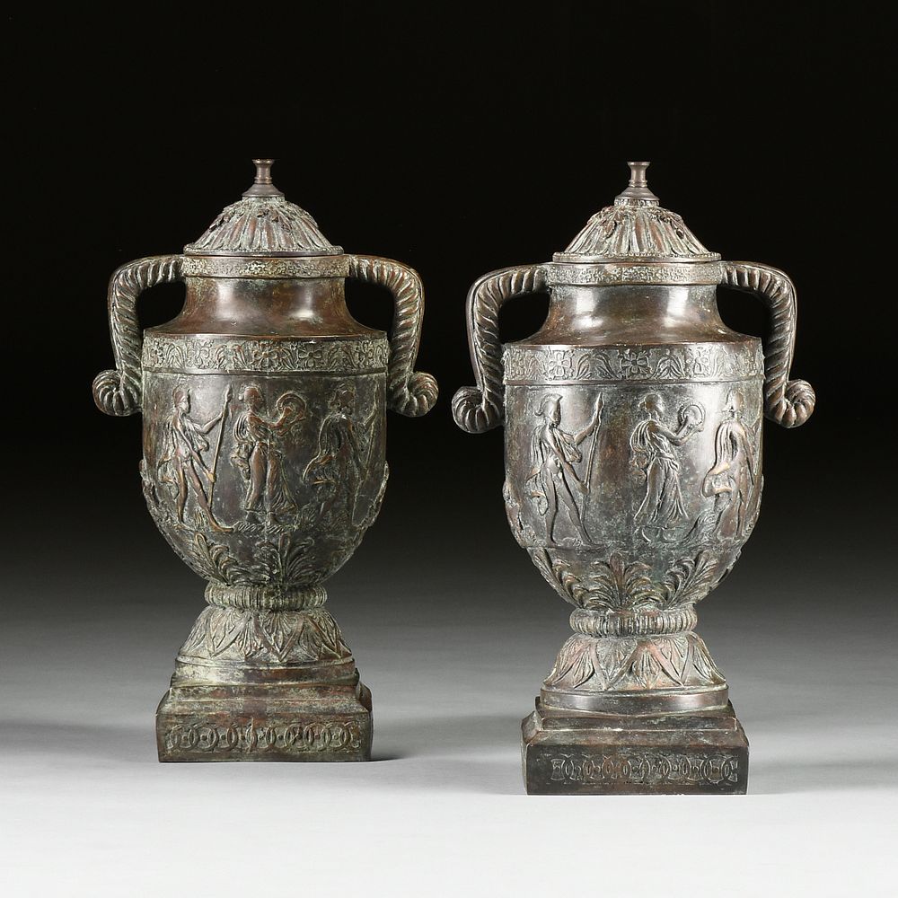 Appraisal: A PAIR OF OF NEO-GREC STYLE BRONZE URN LAMPS LATE