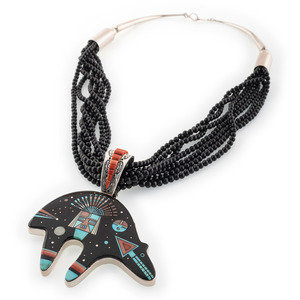 Appraisal: Ervin Tsosie Din b Multi-Strand Necklace with Mosaic Inlay Bear