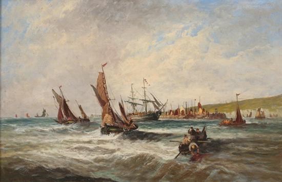 Appraisal: EDWIN HAYES Irish - COASTAL SCENE WITH SAILING VESSELS oil