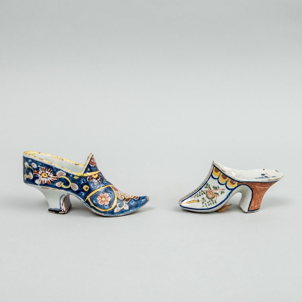 Appraisal: Two Dutch Polychrome Delft Lady's Shoes Unmarked comprising a backless