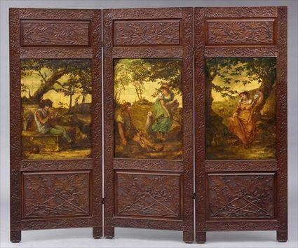 Appraisal: JACOBEAN-STYLE CARVED OAK THREE-FOLD SCREEN WITH PAINTED CANVAS PANELS The