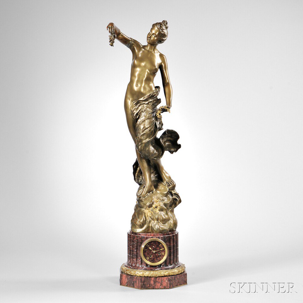 Appraisal: Henri Fugere French - Gilt-bronze Figural Clock L'age D'or the