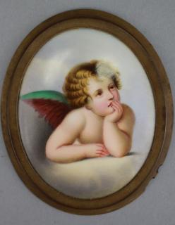 Appraisal: Antique French Porcelain Painted Plaque of Cherub Size x in