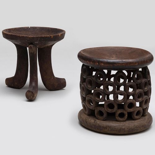 Appraisal: TWO AFRICAN CARVED WOOD STOOLS x in diam x in