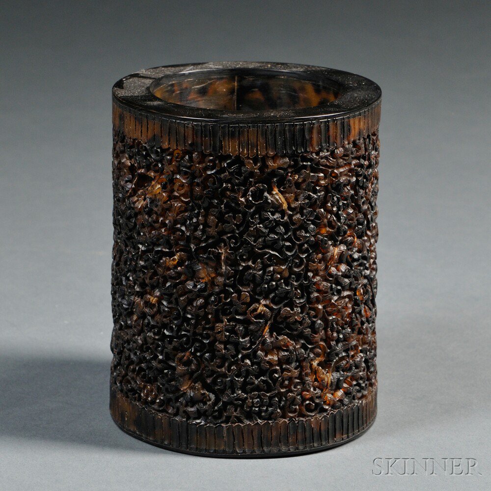 Appraisal: Faux Tortoiseshell Brush Pot China cylindrical with reticulated decorations of