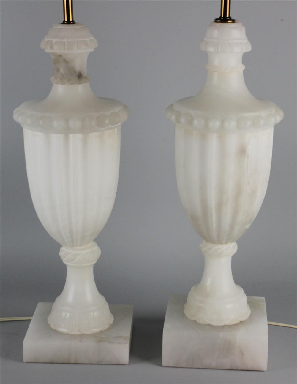 Appraisal: PAIR OF CARVED ALABASTER LAMPS WITH CONTEMPORARY DRUM SHADES of