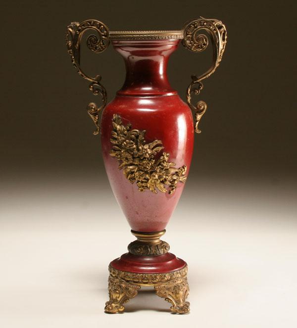 Appraisal: French urn red enamel with brass mounts H Shallow dent