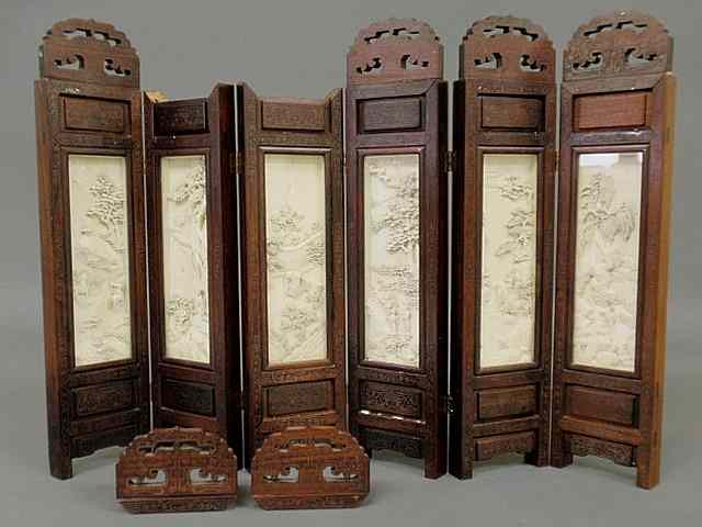 Appraisal: Chinese miniature folding screen inlaid rosewood each of the six