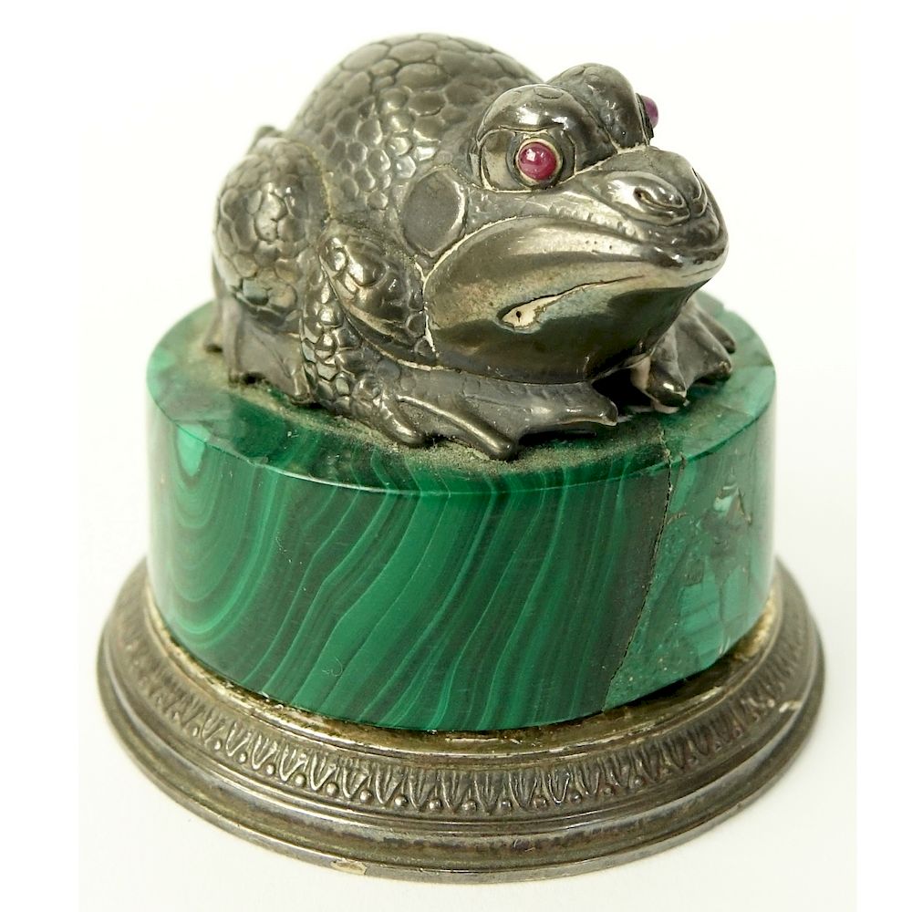 Appraisal: Faberge Russian Silver and Malachite Frog A Fine Faberge Russian