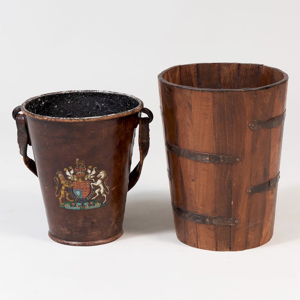 Appraisal: English Leather and Metal Fire Bucket and a Metal-Mounted Wood