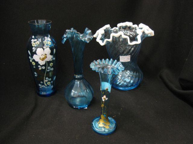 Appraisal: Blue Art Glass Vases including enameled floral tallest excellent