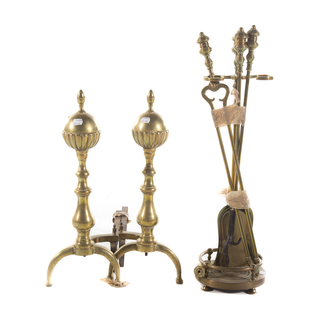 Appraisal: Pair of brass andirons and set of fire tools ball-top