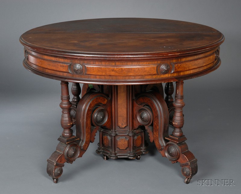 Appraisal: Victorian Renaissance Revival Circular Carved Walnut and Burl Veneer Pedestal-base