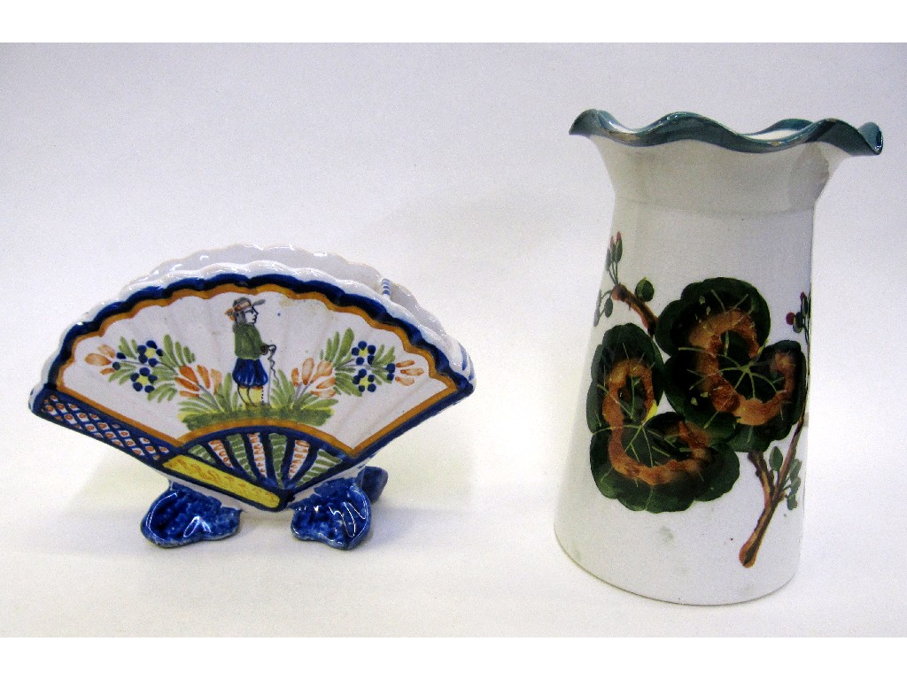 Appraisal: Wemyss vase decorated with Pelargoniums def and a Quimper fan