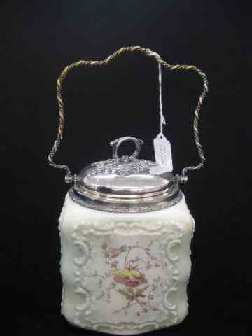 Appraisal: Wavecrest Art Glass Biscuit Jar fancy floral silverplate trim swing