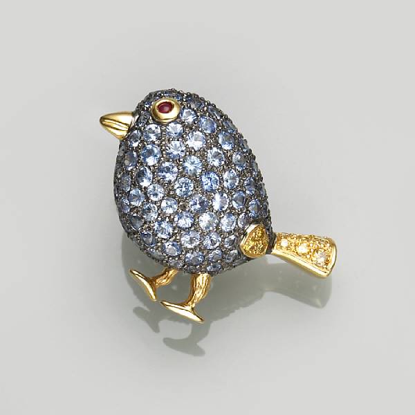 Appraisal: A sapphire ruby yellow diamond and k bicolor gold bird