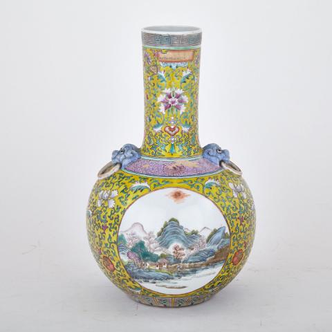 Appraisal: Yellow Ground Famille Rose Landscape Vase Qianlong Mark Circa With