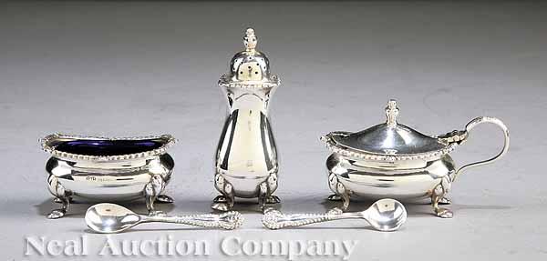 Appraisal: An English Sterling Silver Salt Pepper and Condiment Cased Presentation