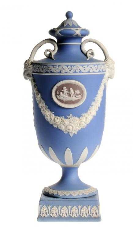 Appraisal: A WEDGWOOD WHITE JASPER WARE VASE AND COVER of shield