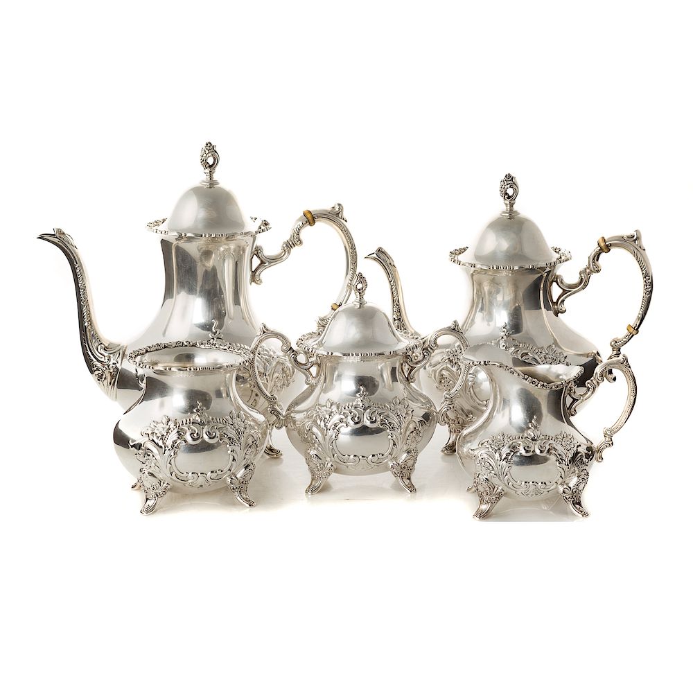 Appraisal: Poole Repousse Sterling -pc Coffee Tea Service In the Crest