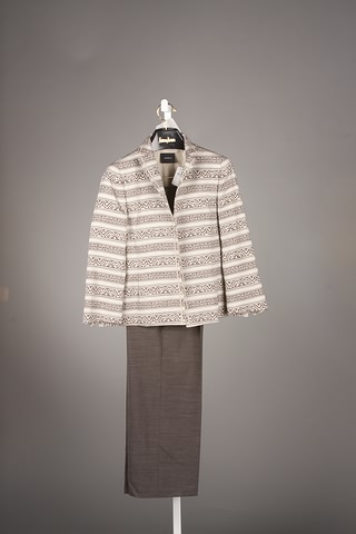 Appraisal: Akris taupe off-white cotton jacket with Grecian design and brown