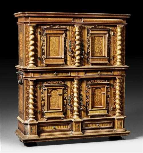 Appraisal: MINIATURE DOUBLE CABINET Renaissance style German th century Various fruitwoods