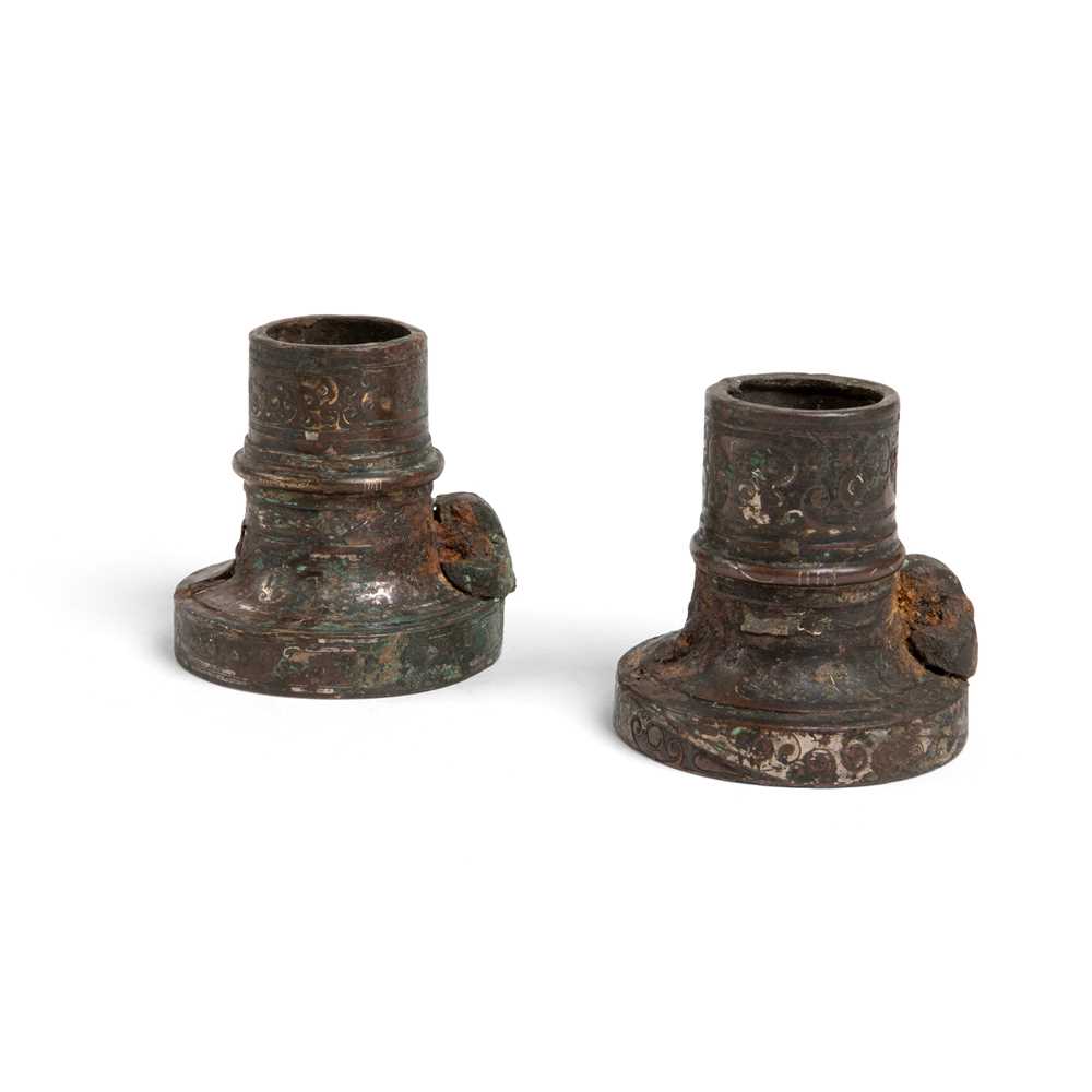 Appraisal: PAIR OF SILVER INLAID BRONZE CHARIOT FITTINGS WARRING STATES TO