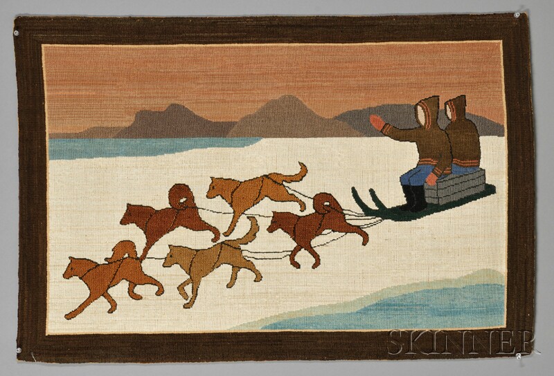 Appraisal: Grenfell Pictorial Hooked Rug with Dog Sled Scene Grenfell Labrador