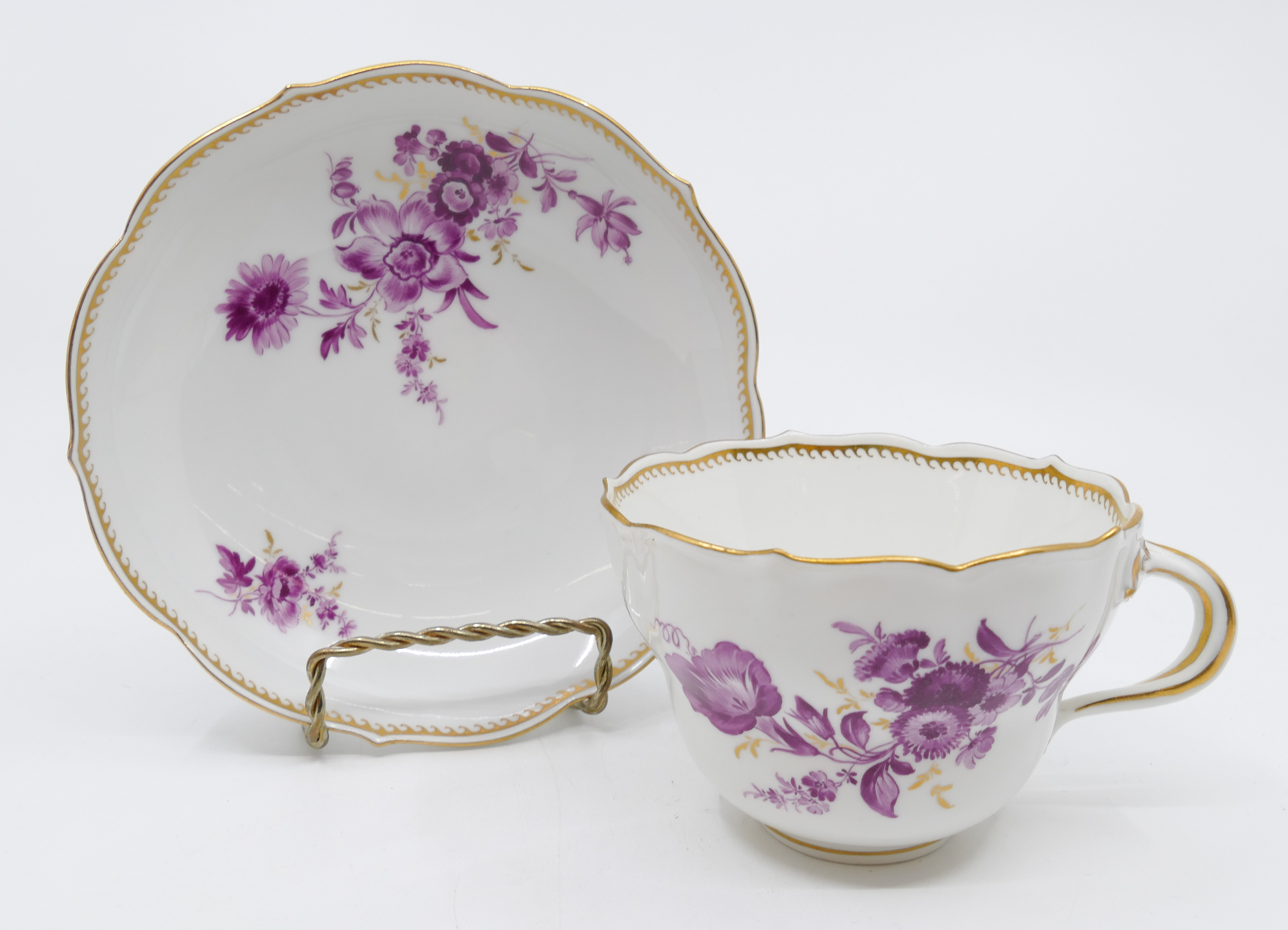 Appraisal: pc Meissen Pink Flower Porcelain Flat Cups Saucers Gilt decoration