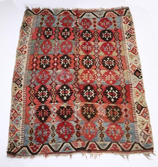 Appraisal: ORIENTAL RUG Kilim late th century Polychrome colors Old repairs