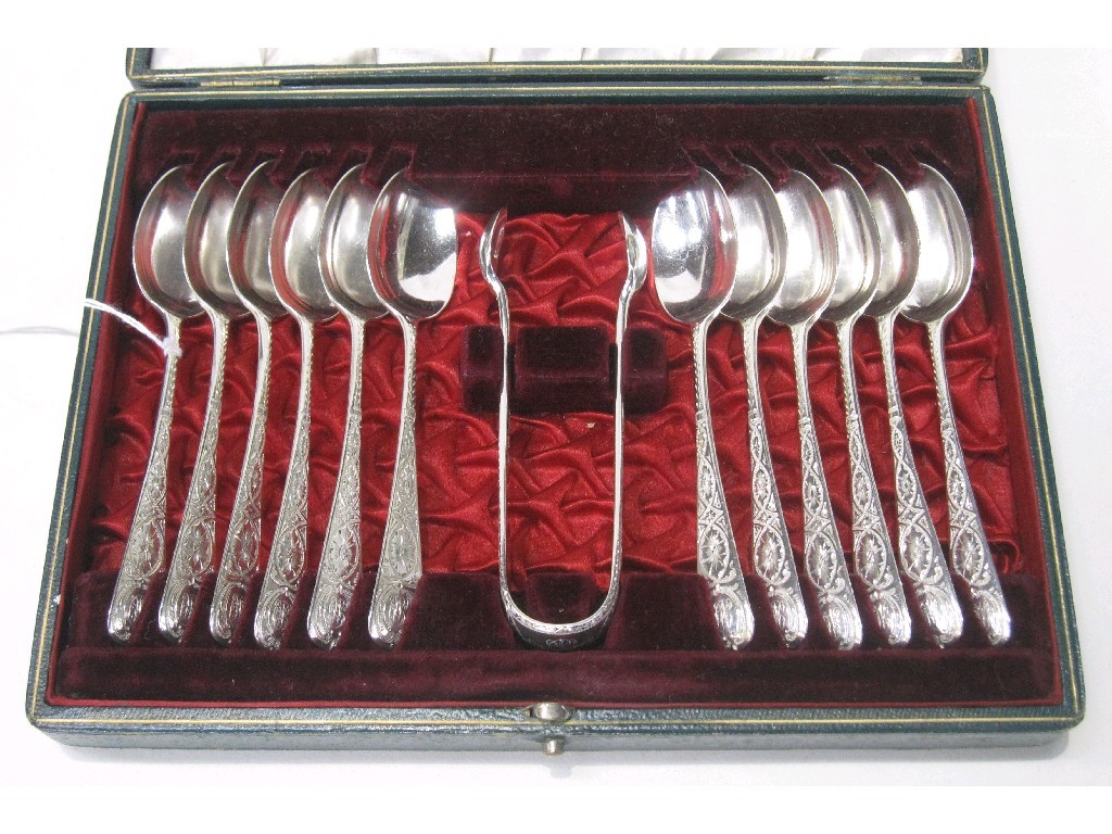 Appraisal: Cased set of twelve silver spoons with tongs Sheffield