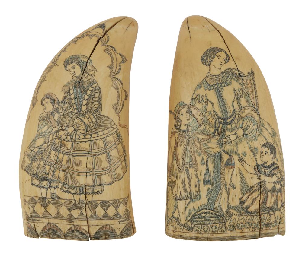 Appraisal: PAIR OF POLYCHROME SCRIMSHAW WHALE'S TEETH DEPICTING FASHIONABLE MOTHERS AND