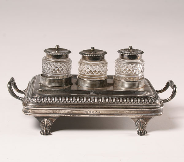 Appraisal: George III sterling silver inkstand with glass wells double handles