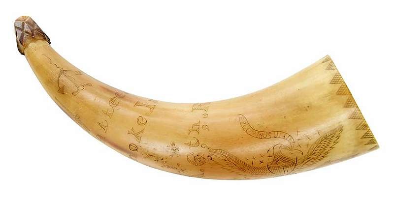 Appraisal: Patriotic Engraved Powder Horn Roanoke Island American scrimshawed patriotic motif