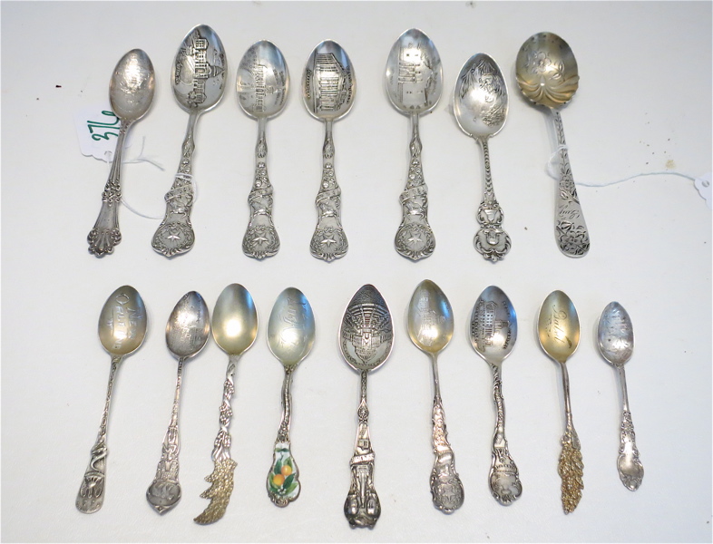 Appraisal: SIXTEEN STERLING SILVER SPOONS various souvenir and friendship spoons from