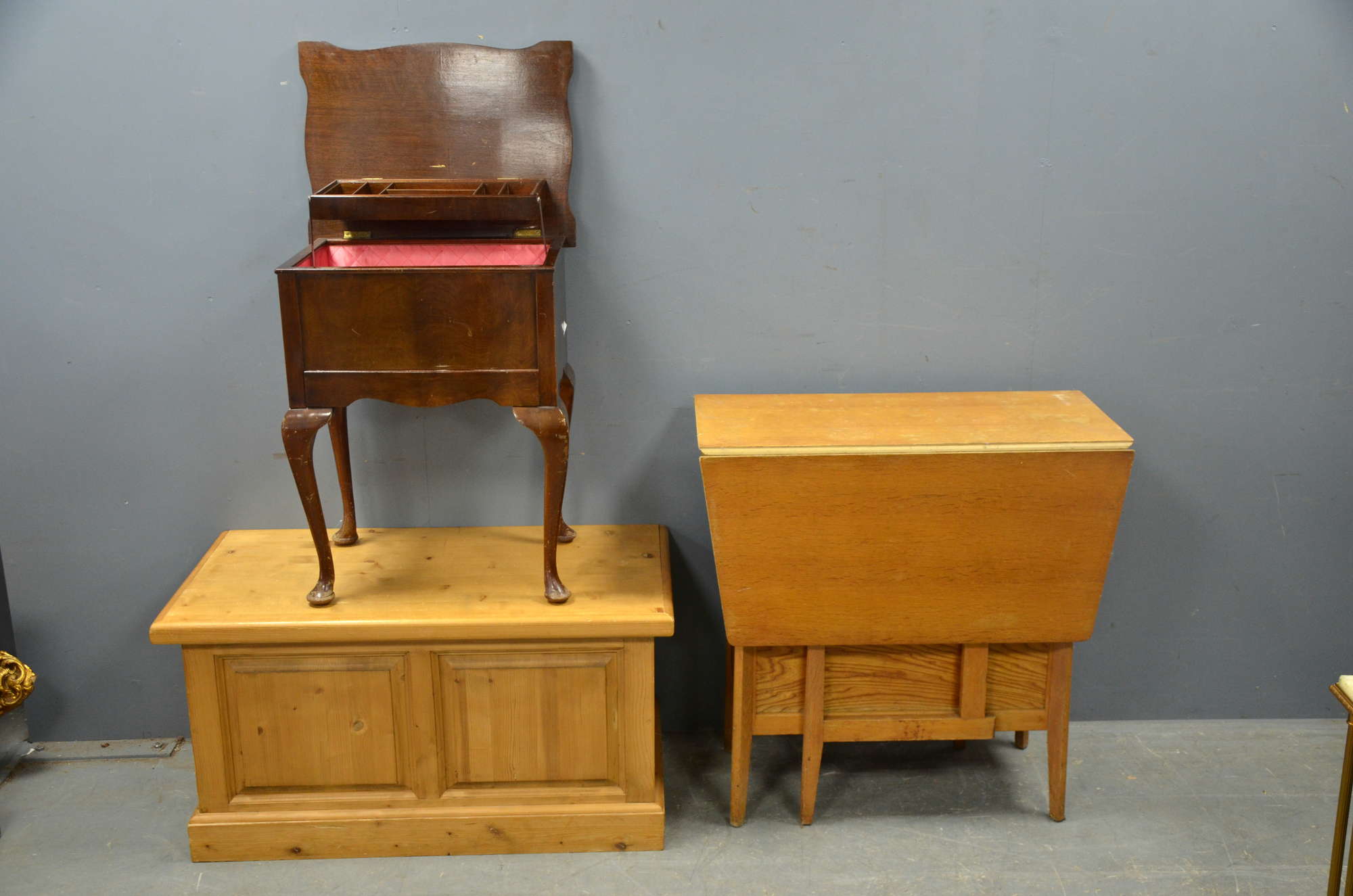 Appraisal: Pine two door cupboard pine chest sewing box on cabriole