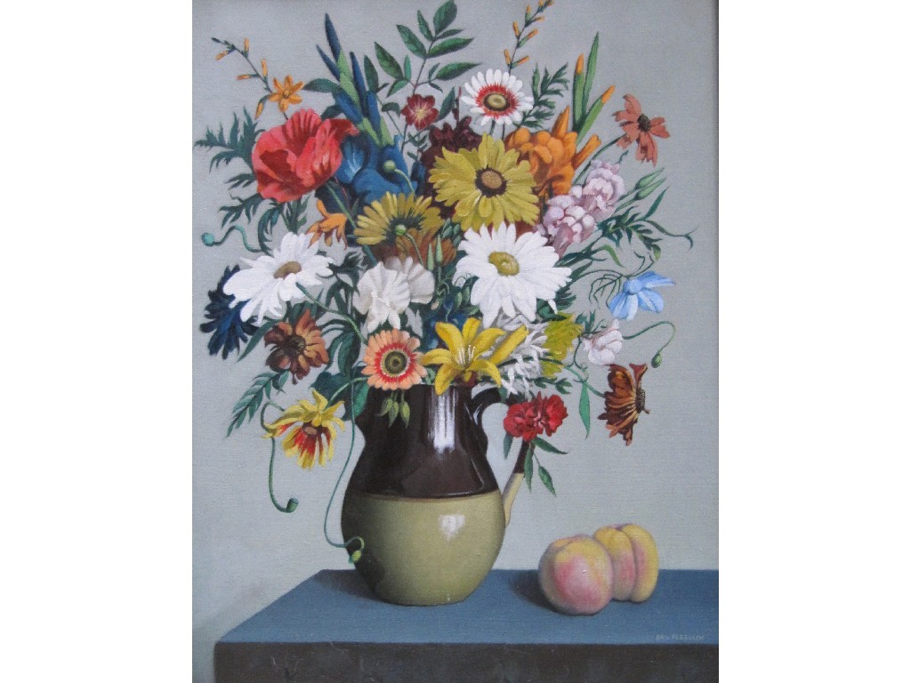 Appraisal: DAN FERGUSON - Oil on canvas 'Flower piece with peaches'