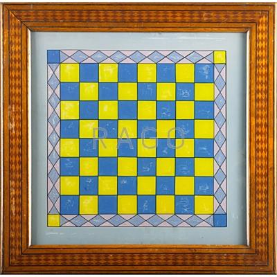 Appraisal: AMERICAN REVERSE PAINTED GLASS GAME BOARD Parquetry inlay design to