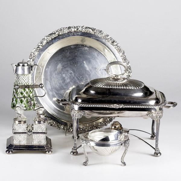 Appraisal: ELEGANT SILVER PLATED SERVING PIECES Five pieces - Covered chafing