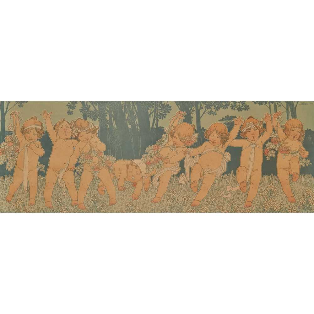 Appraisal: HENRI PRIVAT-LIVEMONT CHERUBS IN THE MEADOW DATED coloured lithographs printed