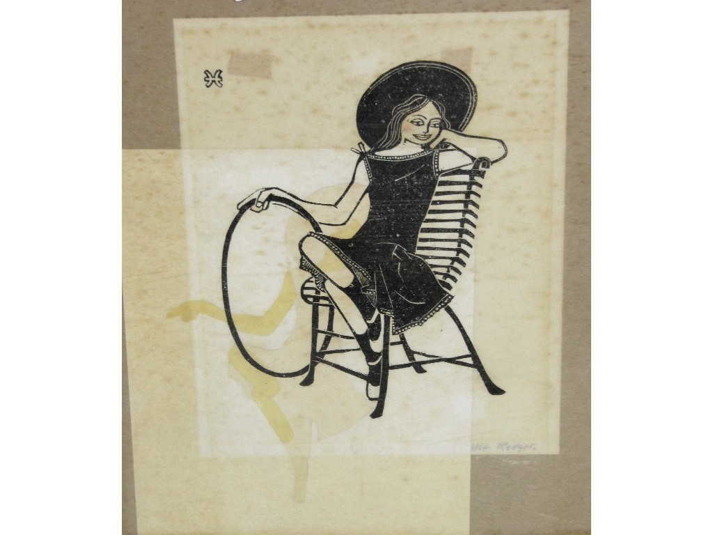 Appraisal: WILLIE RODGER Woodcut with watercolour 'Girl with hoop' signed in