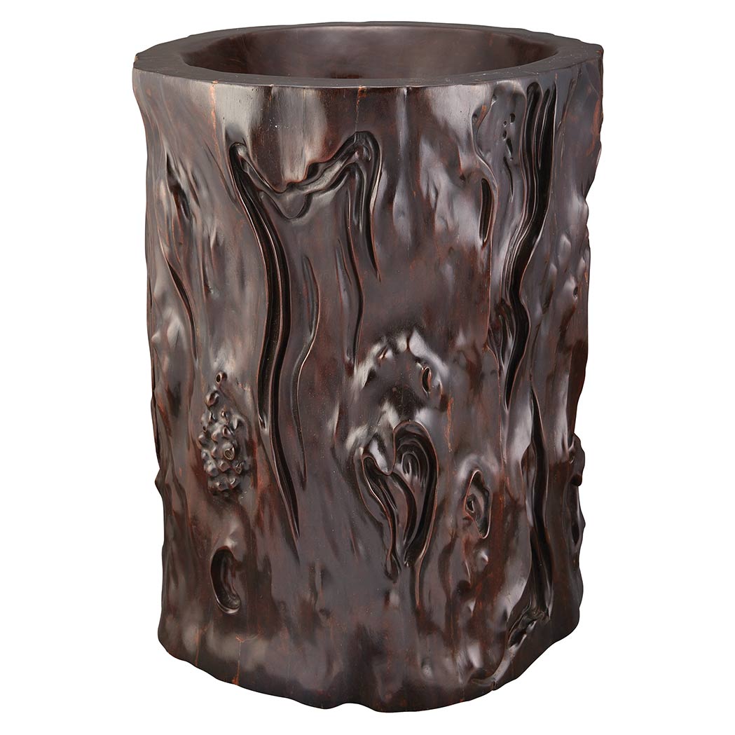 Appraisal: Chinese Hardwood Brushpot Qing Dynasty The naturalistic cylindrical shape carved