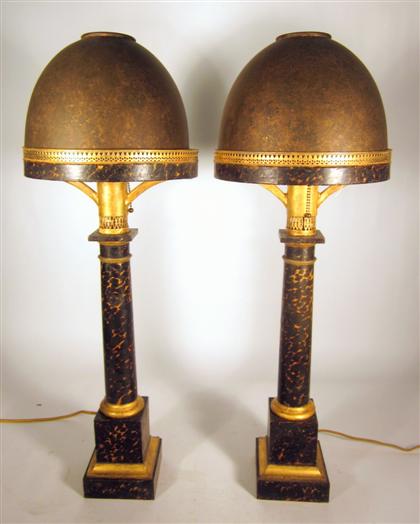 Appraisal: Pair of French gilt and faux tortoiseshell tole oil lamps