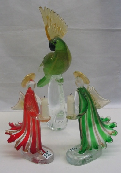 Appraisal: THREE MURANO GLASS FIGURES One is a parrot green and