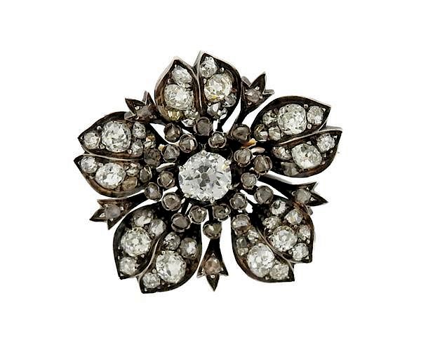 Appraisal: Continenatl k Gold Silver Diamond Flower Brooch METAL k gold