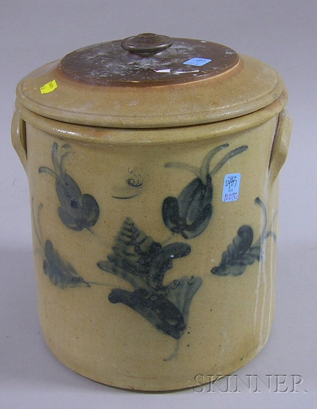 Appraisal: Cobalt Floral Decorated Three-Gallon Stoneware Crock with a Cover