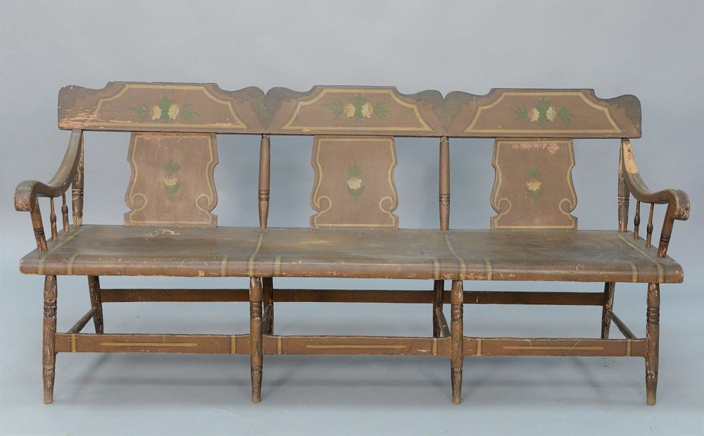 Appraisal: Windsor Bench having carved back over large plank seat with