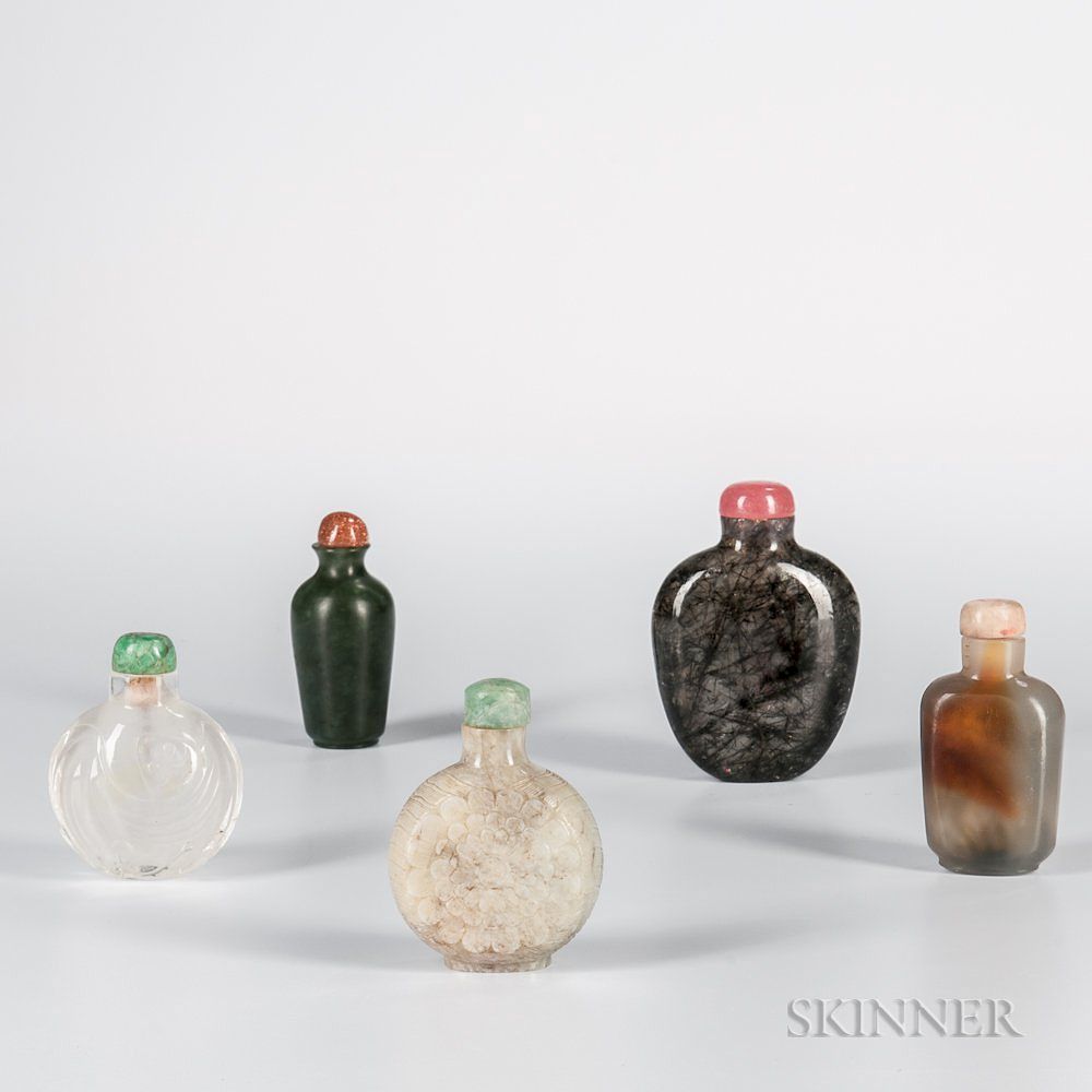 Appraisal: Five Jade Hardstone Snuff Bottles Five Jade Hardstone Snuff Bottles