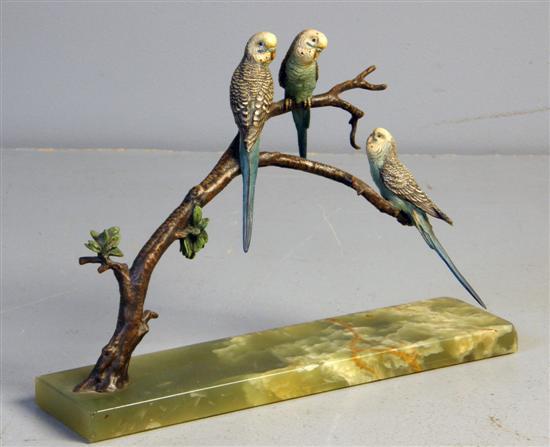 Appraisal: Cold painted bronze group of three budgerigars perched on a