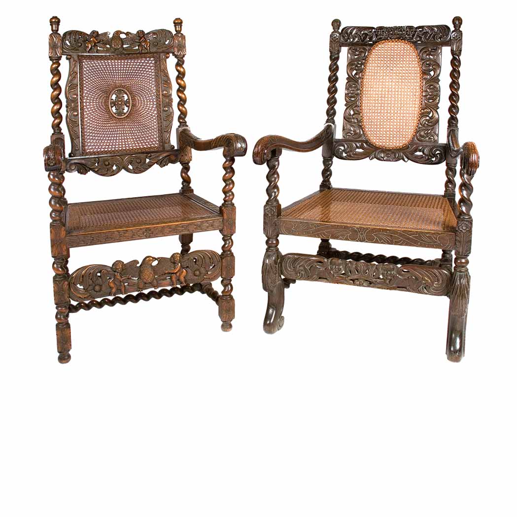 Appraisal: Two Renaissance Style Armchairs Comprising a carved walnut example the